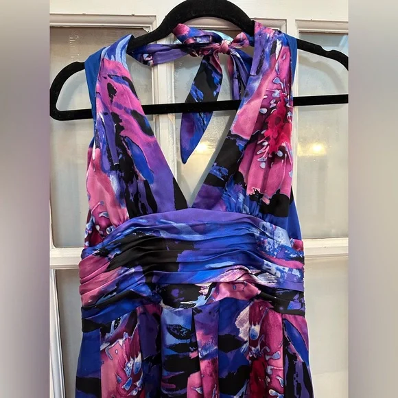 Adrianna Papell Occasions Watercolor Floral Silk Halter Fit Flare Dress Size 12 - Picture 3 of 12
